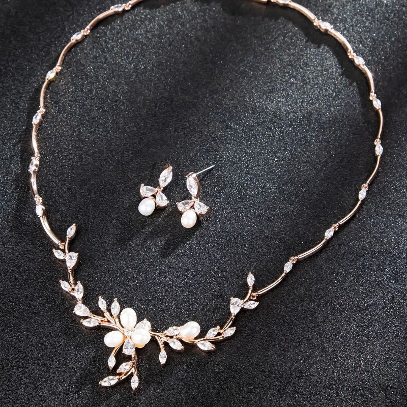 Sweet Pearl Zircon Ear Stud Necklace Jewelry Suit