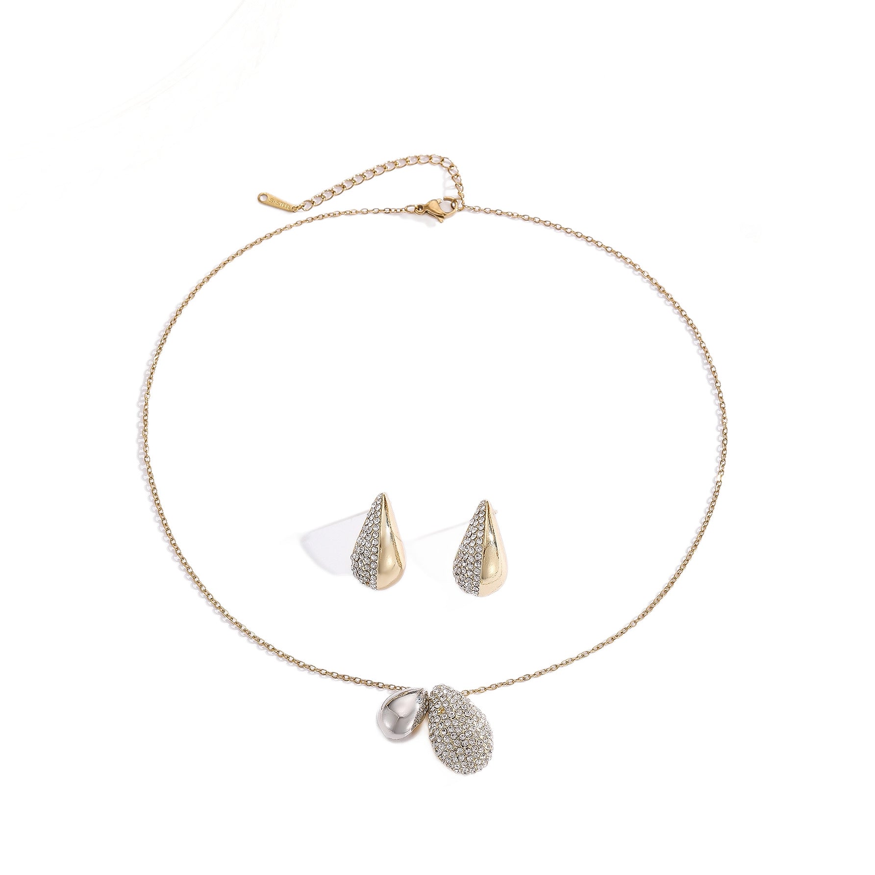 Elliptical Necklace Women's Full Diamond Droplet Shaped Necklace Earring Set