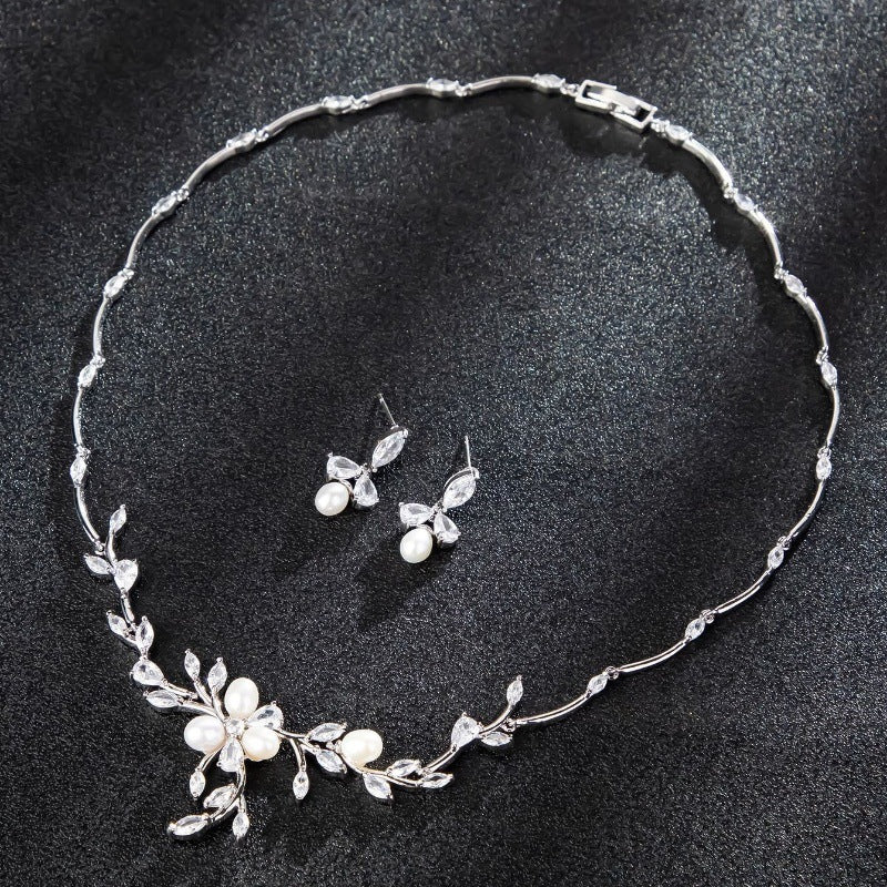Sweet Pearl Zircon Ear Stud Necklace Jewelry Suit