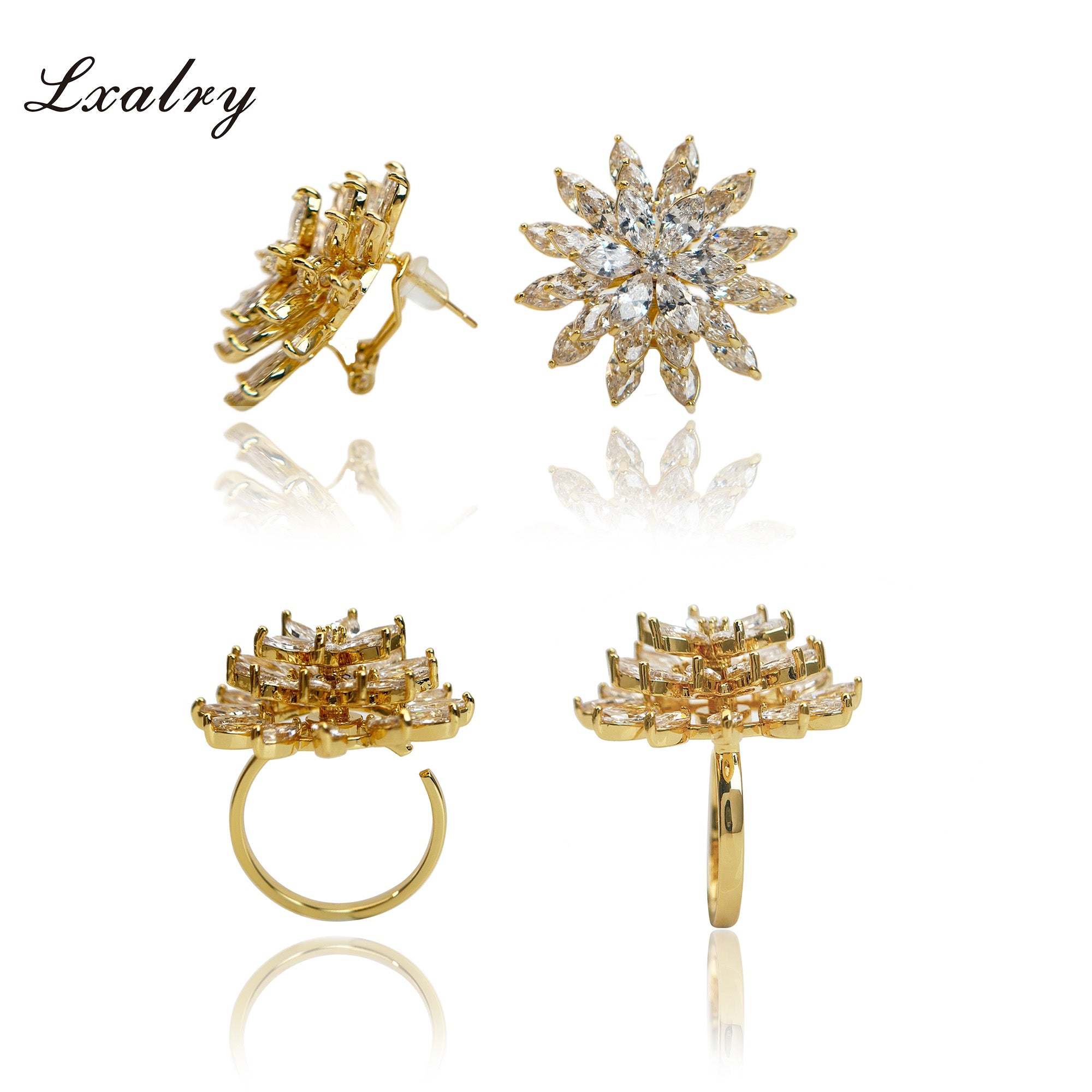 Lxalry 18K Gold Plated Copper Flower Jewelry Set - Baroque Style Statement Ring & Earrings - Hypoallergenic, Non-Tarnish, Elegant Gift For Women